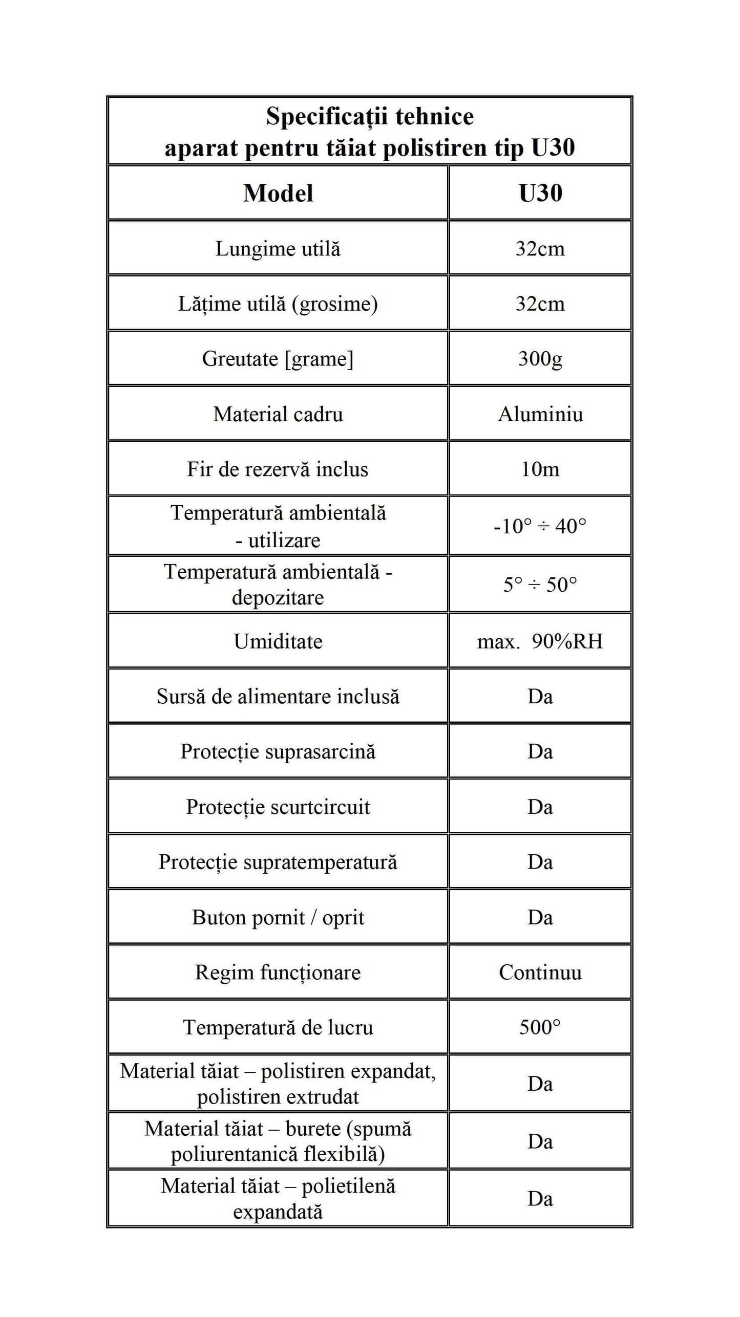 Specificații tehnice U30 cm