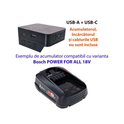 Adaptor powerbank cu USB-A și USB-C, compatibil cu acumulator Bosch POWER FOR ALL 18V