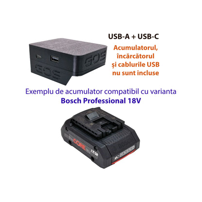 Adaptor powerbank cu USB-A și USB-C, compatibil cu acumulator Bosch Professional 18V