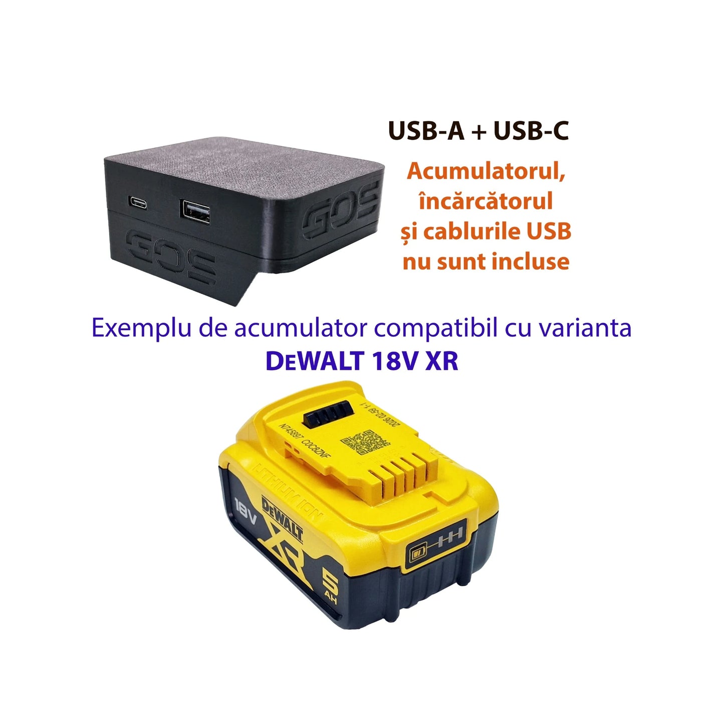 Adaptor powerbank cu USB-A și USB-C, compatibil cu acumulator DEWALT 18V XR