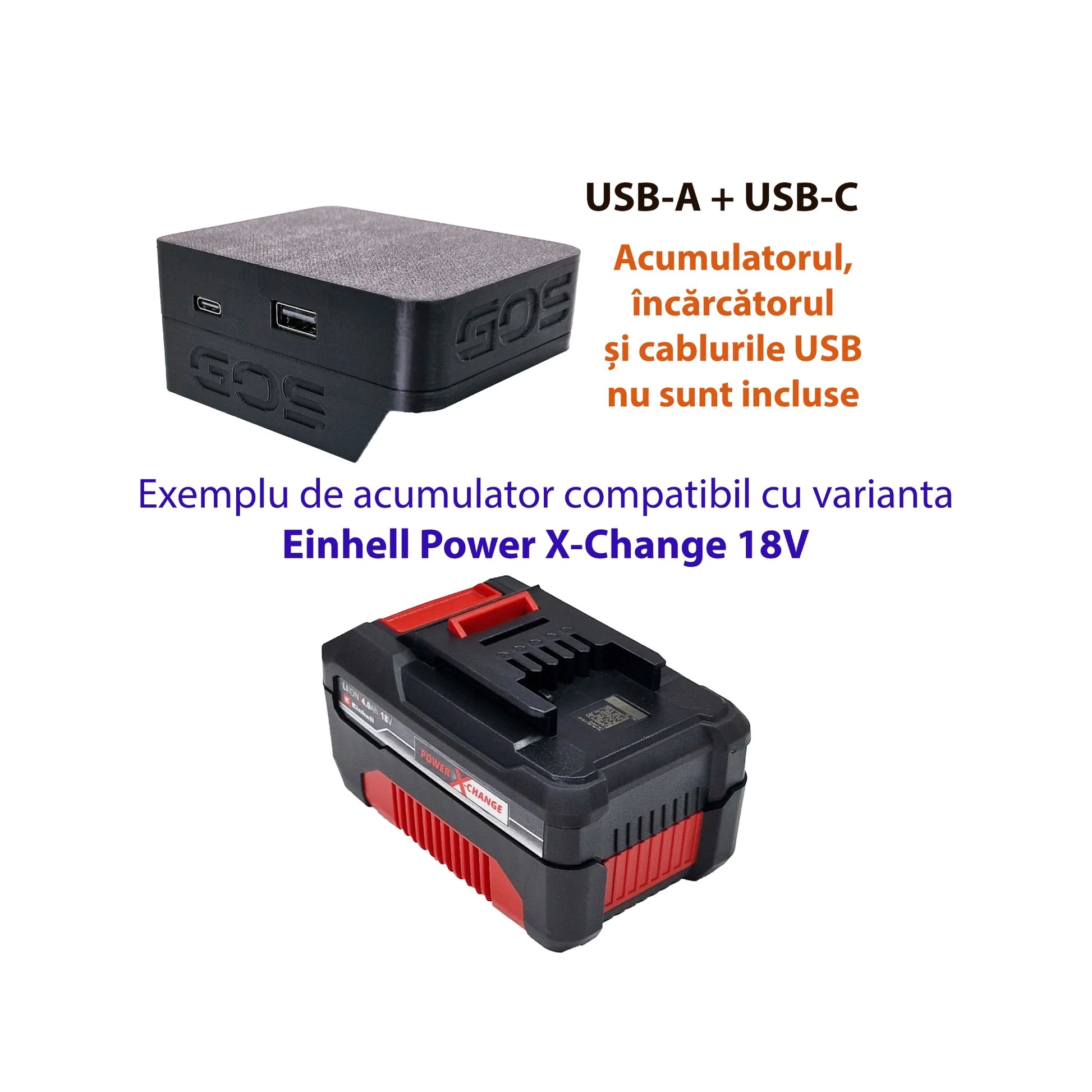 Adaptor powerbank cu USB-A și USB-C, compatibil cu acumulator Einhell Power X-Change 18V