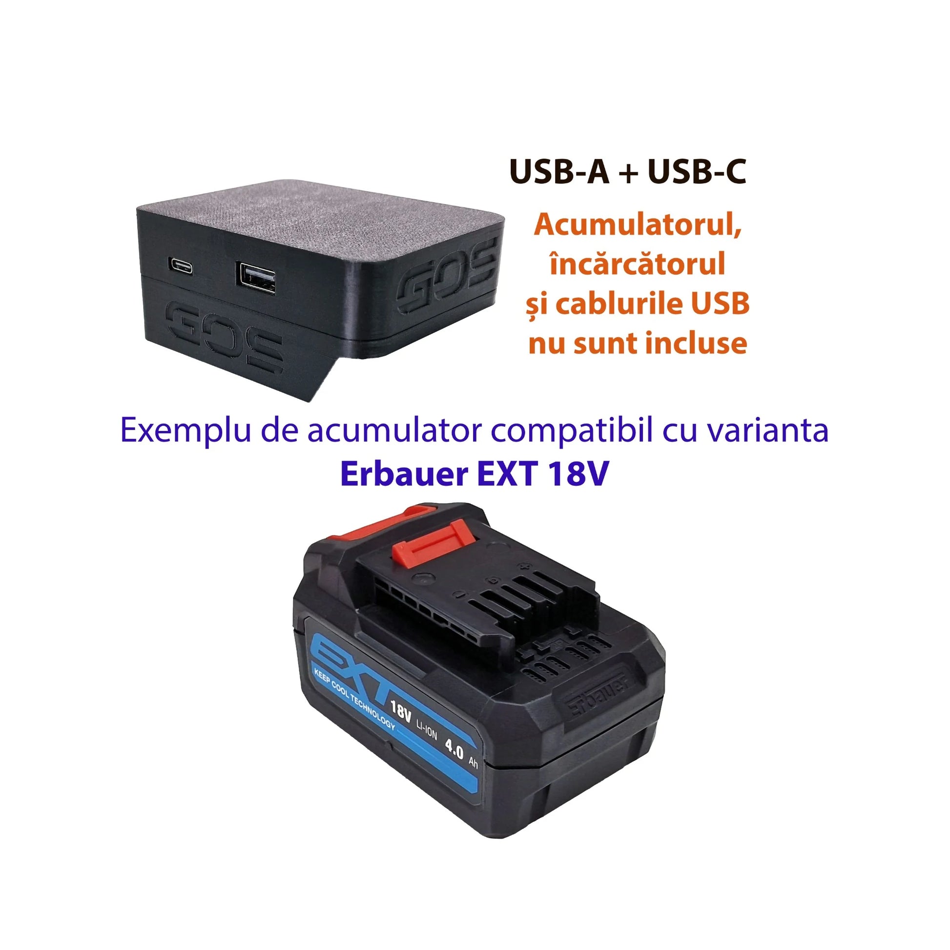Adaptor powerbank cu USB-A și USB-C, compatibil cu acumulator Erbauer EXT 18V