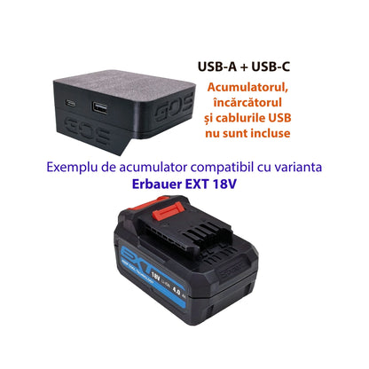 Adaptor powerbank cu USB-A și USB-C, compatibil cu acumulator Erbauer EXT 18V
