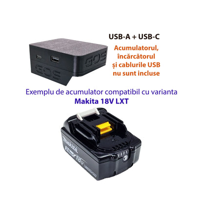 Adaptor powerbank cu USB-A și USB-C, compatibil cu acumulator Makita 18V LXT