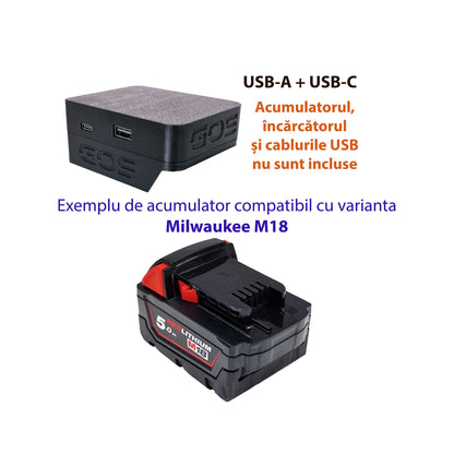 Adaptor powerbank cu USB-A și USB-C, compatibil cu acumulator Milwaukee M18