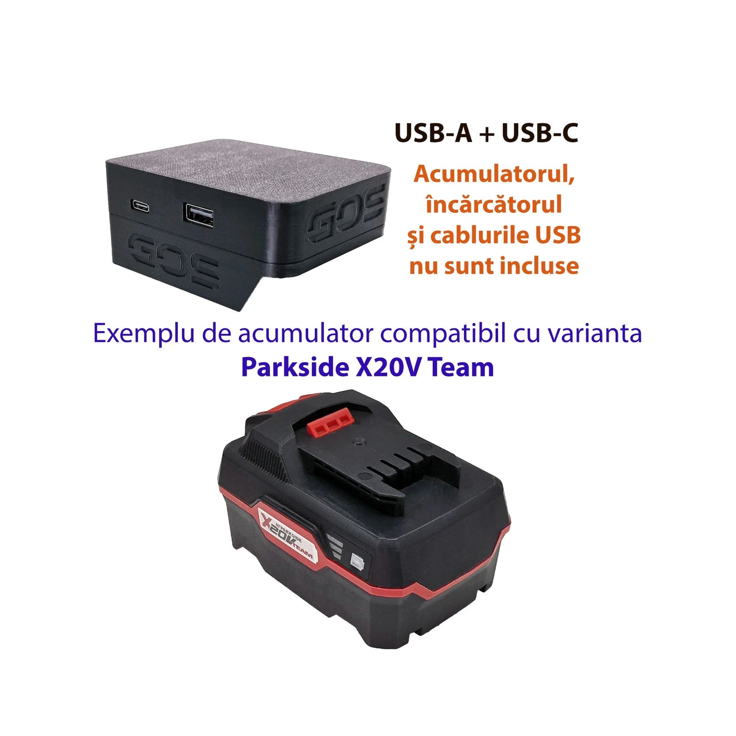 Adaptor powerbank cu USB-A și USB-C, compatibil cu acumulator PARKSIDE X20V Team