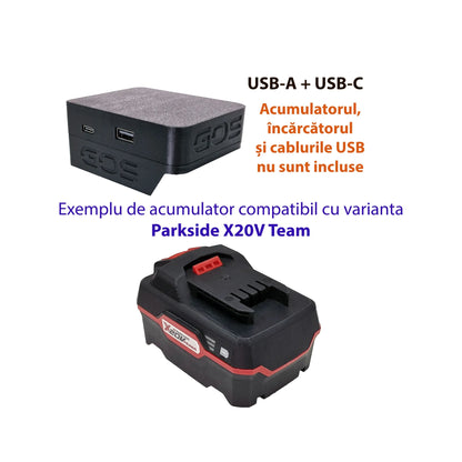 Adaptor powerbank cu USB-A și USB-C, compatibil cu acumulator PARKSIDE X20V Team
