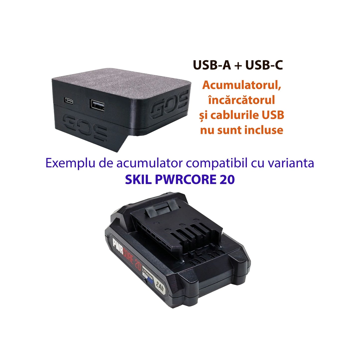 Adaptor powerbank cu USB-A și USB-C, compatibil cu acumulator SKIL PWRCORE 20