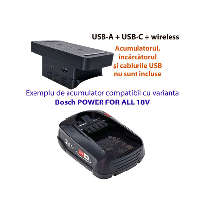 Adaptor powerbank cu USB-A, USB-C și wireless, compatibil cu acumulator Bosch POWER FOR ALL 18V