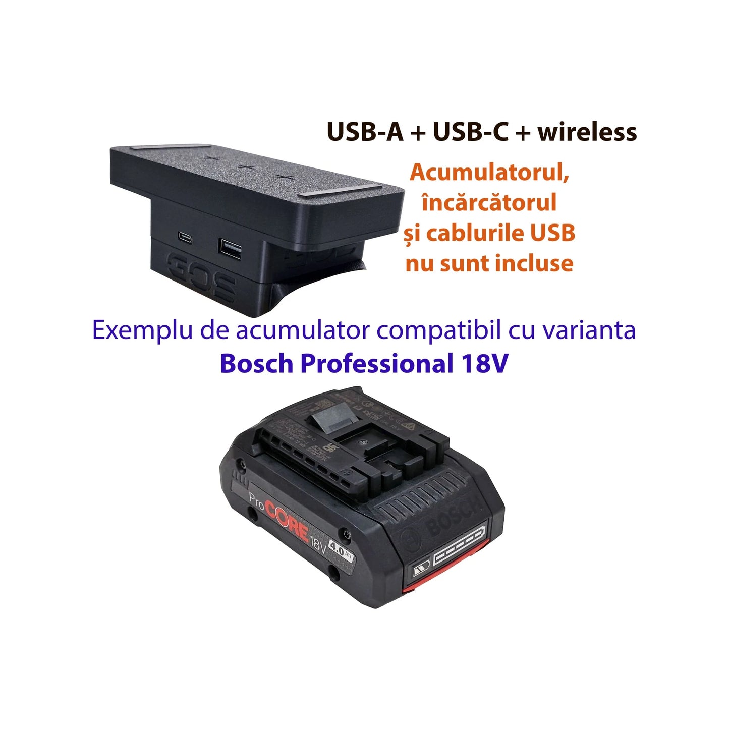 Adaptor powerbank cu USB-A, USB-C și wireless, compatibil cu acumulator Bosch Professional 18V