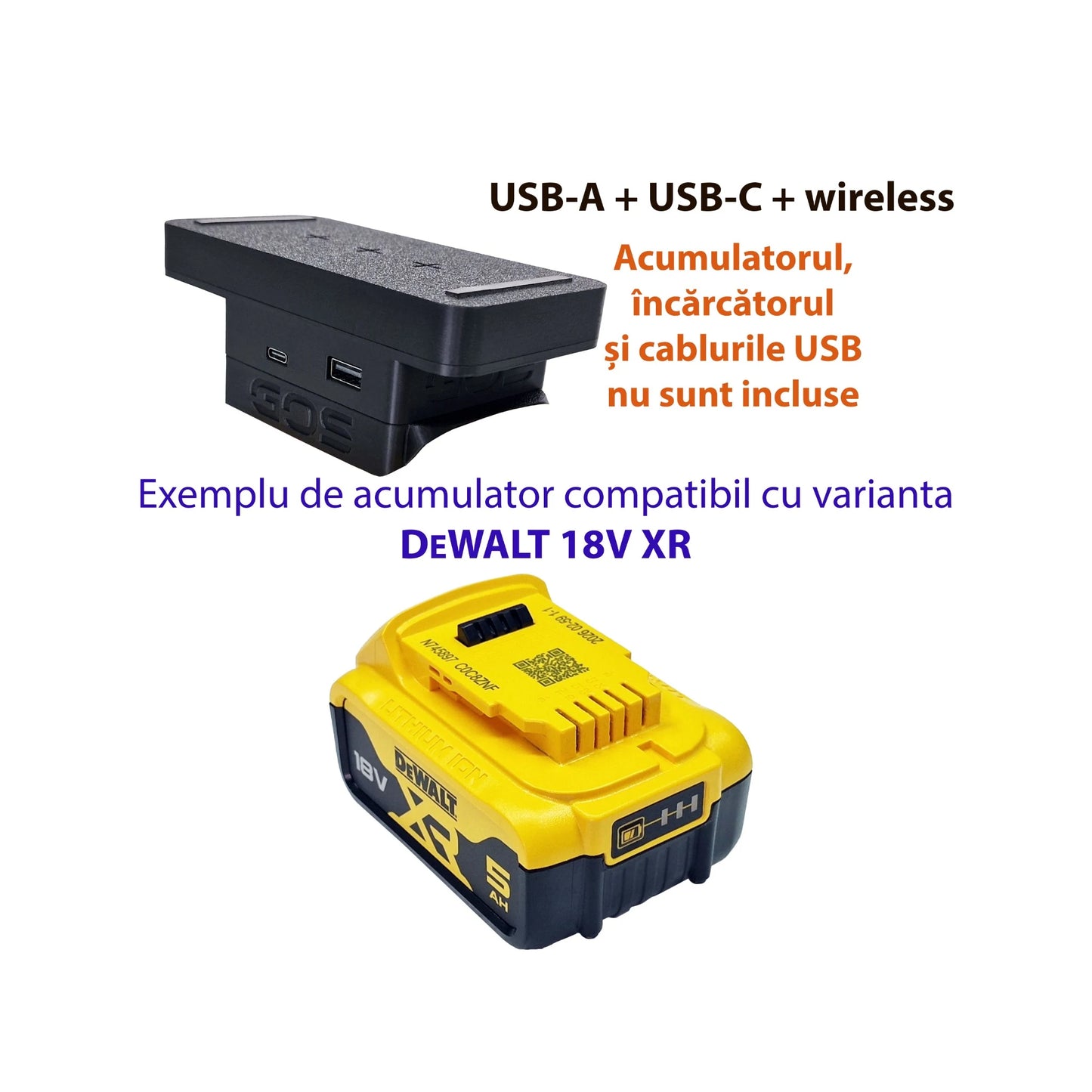 Adaptor powerbank cu USB-A, USB-C și wireless, compatibil cu acumulator DEWALT 18V XR