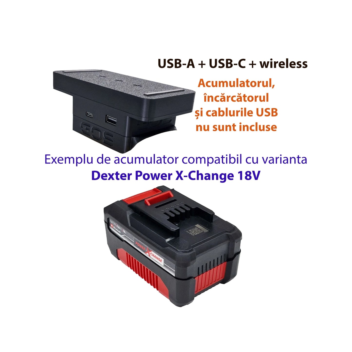 Adaptor powerbank cu USB-A, USB-C și wireless, compatibil cu acumulator Dexter Power X-Change 18V