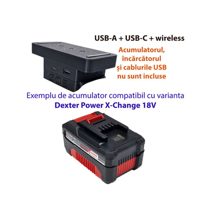 Adaptor powerbank cu USB-A, USB-C și wireless, compatibil cu acumulator Dexter Power X-Change 18V
