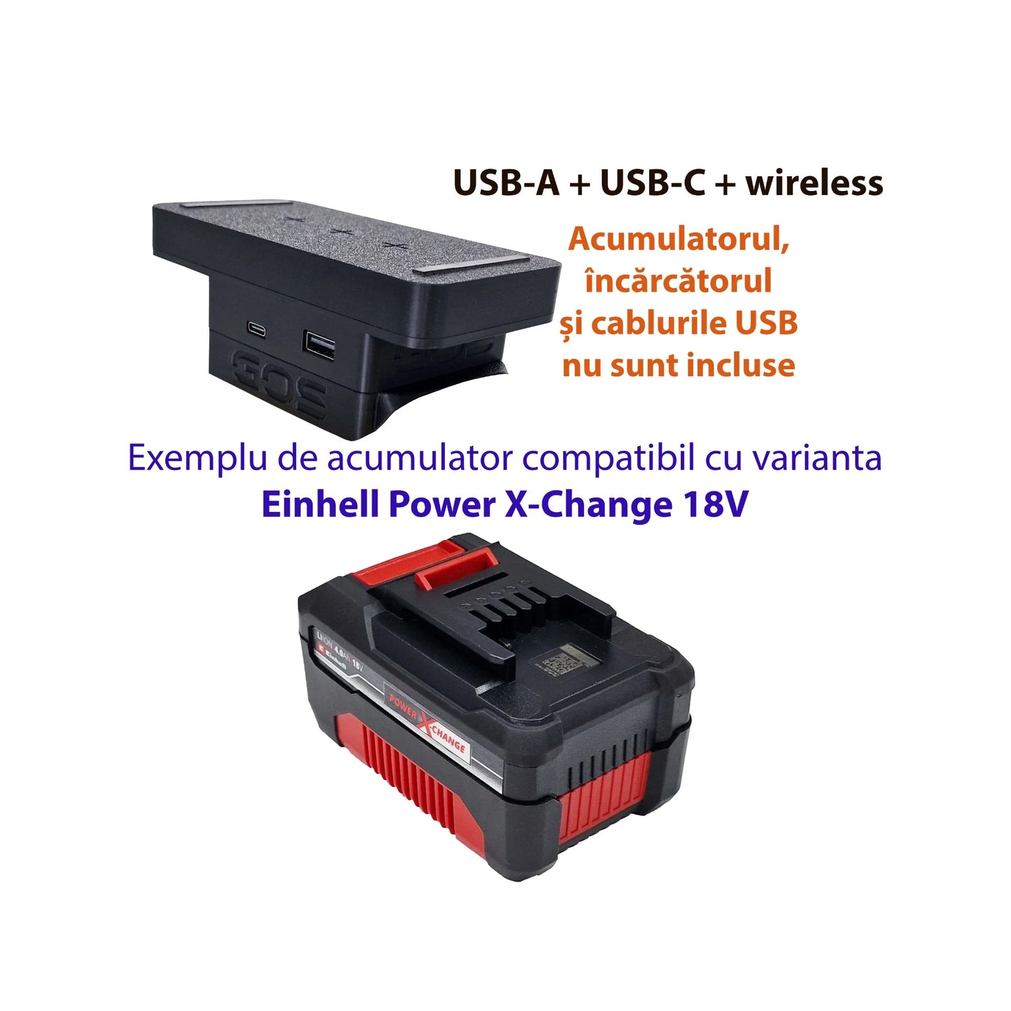 Adaptor powerbank cu USB-A, USB-C și wireless, compatibil cu acumulator Einhell Power X-Change 18V