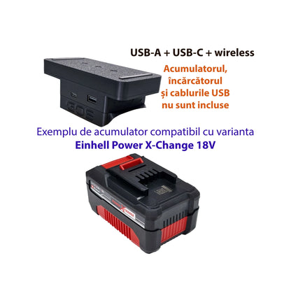 Adaptor powerbank cu USB-A, USB-C și wireless, compatibil cu acumulator Einhell Power X-Change 18V