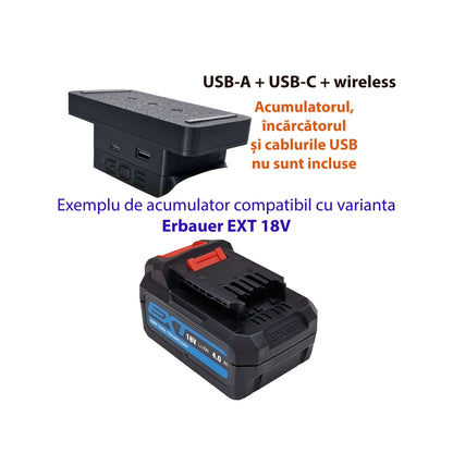 Adaptor powerbank cu USB-A, USB-C și wireless, compatibil cu acumulator Erbauer EXT 18V