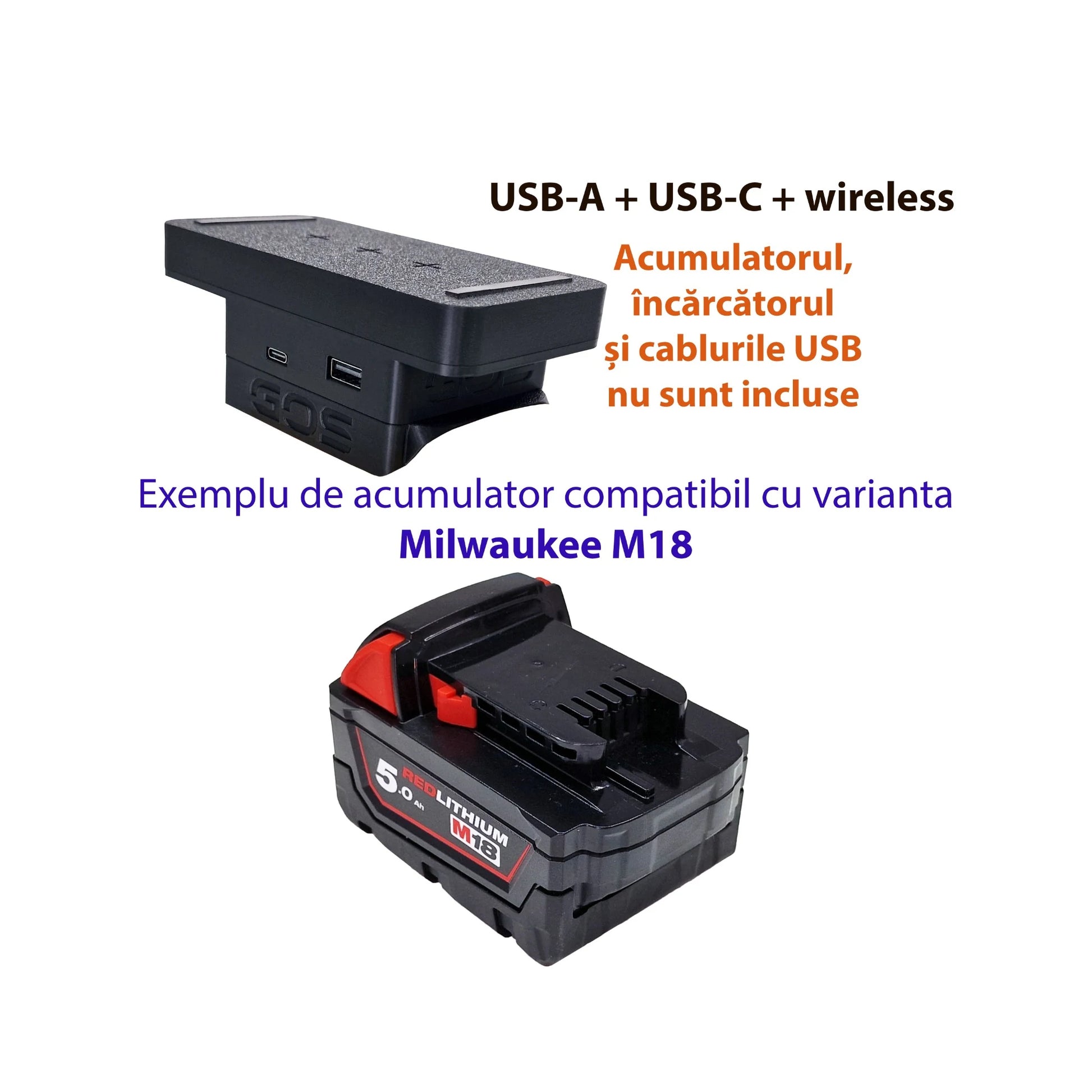 Adaptor powerbank cu USB-A, USB-C și wireless, compatibil cu acumulator Milwaukee M18