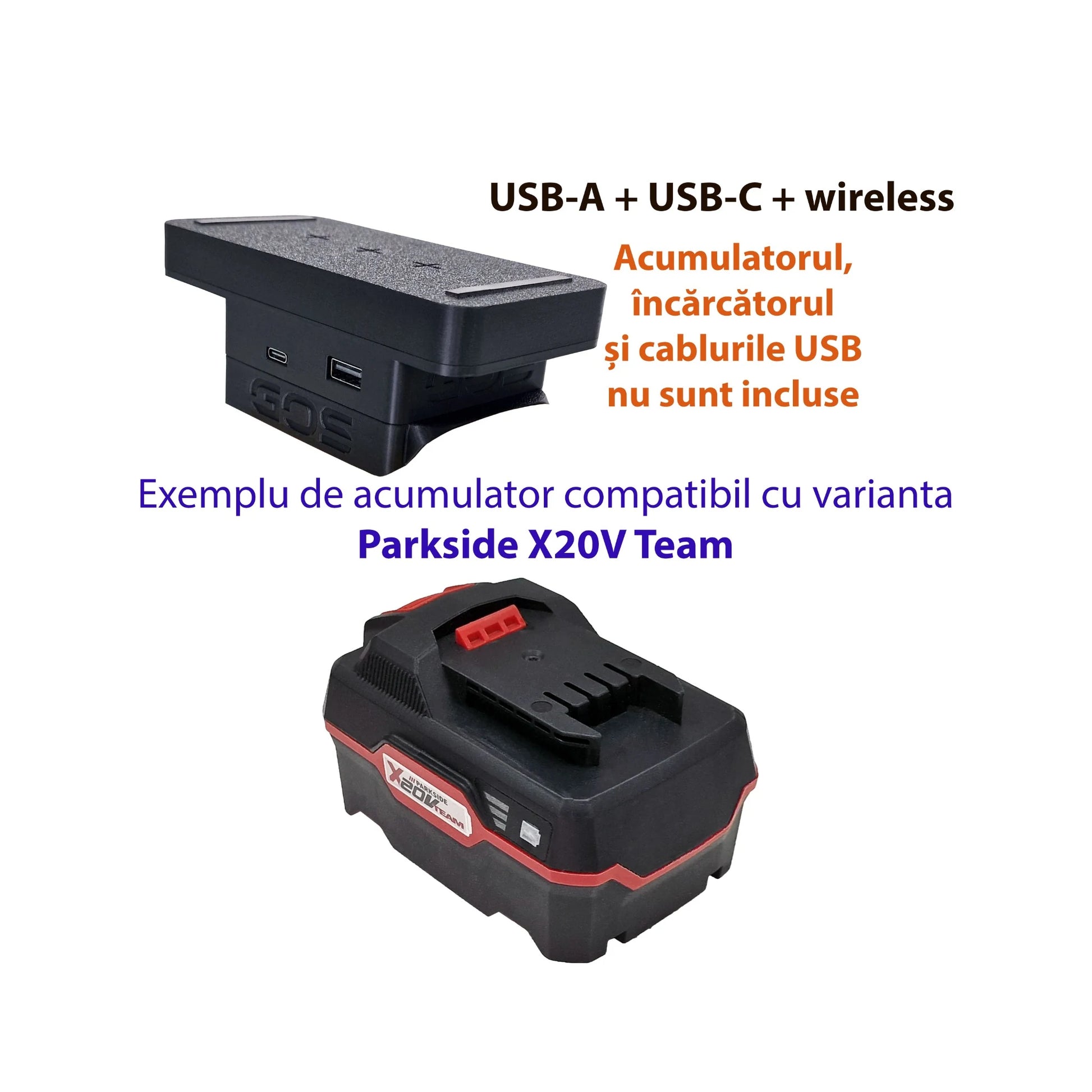 Adaptor powerbank cu USB-A, USB-C și wireless, compatibil cu acumulator PARKSIDE X20V Team