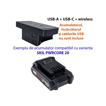 Adaptor powerbank cu USB-A, USB-C și wireless, compatibil cu acumulator SKIL PWRCORE 20